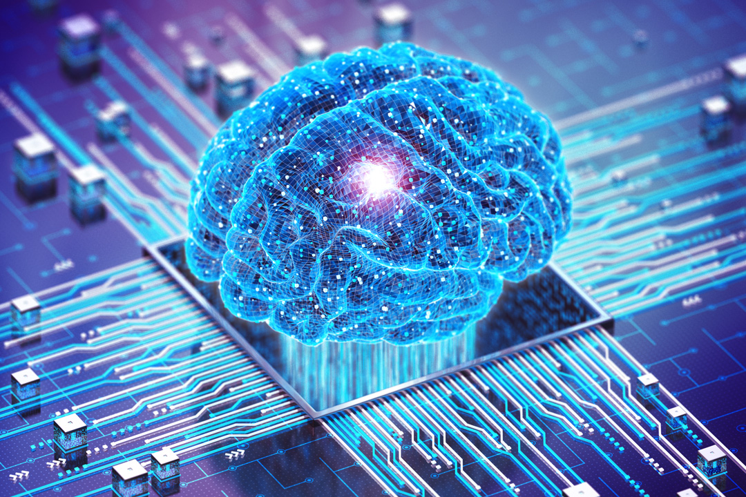 Conceptual illustration of a human brain integrated with a computer chip representing intelligence